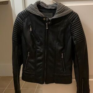 Faux Leather, fur lined, hooded knit jacket.